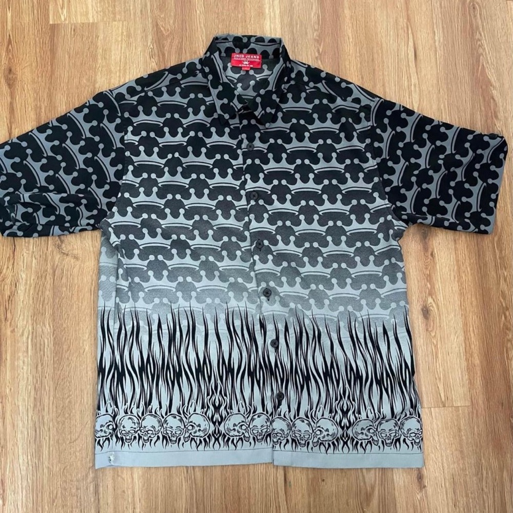 Men's Vintage 90s JNCO Black Skulls Flames Button Down Short Sleeve Shirt Large
